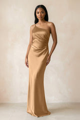 One - Shoulder Sheath Ruched Bridesmaid Dress in Bronzer - KISS BRIDAL Bridesmaid Dresses