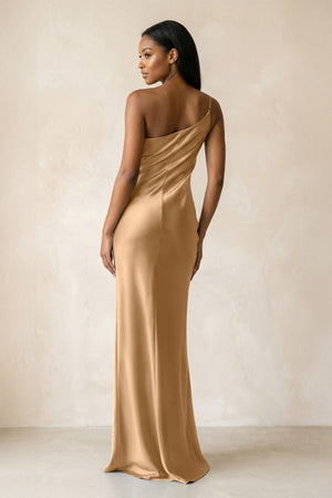 One - Shoulder Sheath Ruched Bridesmaid Dress in Bronzer - KISS BRIDAL Bridesmaid Dresses