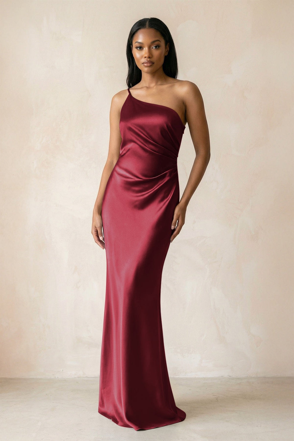 One - Shoulder Sheath Ruched Bridesmaid Dress in Burgundy - KISS BRIDAL Bridesmaid Dresses