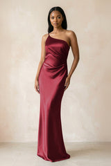 One - Shoulder Sheath Ruched Bridesmaid Dress in Burgundy - KISS BRIDAL Bridesmaid Dresses