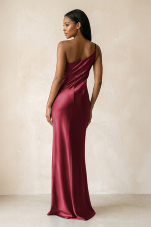 One - Shoulder Sheath Ruched Bridesmaid Dress in Burgundy - KISS BRIDAL Bridesmaid Dresses