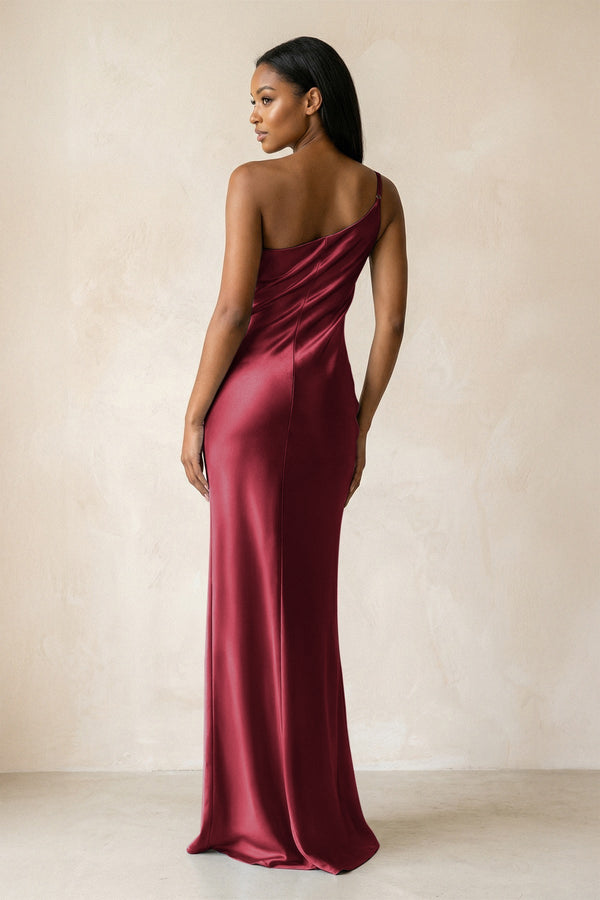 One - Shoulder Sheath Ruched Bridesmaid Dress in Burgundy - KISS BRIDAL Bridesmaid Dresses