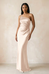 One - Shoulder Sheath Ruched Bridesmaid Dress in Buttercream - KISS BRIDAL Bridesmaid Dresses