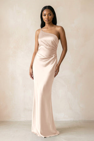 One - Shoulder Sheath Ruched Bridesmaid Dress in Buttercream - KISS BRIDAL Bridesmaid Dresses