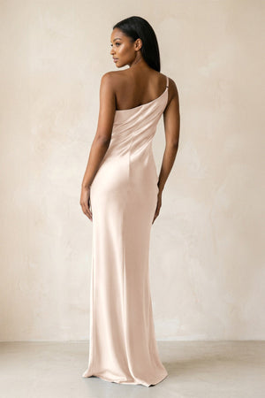 One - Shoulder Sheath Ruched Bridesmaid Dress in Buttercream - KISS BRIDAL Bridesmaid Dresses