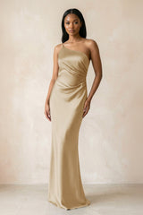 One - Shoulder Sheath Ruched Bridesmaid Dress in Champagne - KISS BRIDAL Bridesmaid Dresses