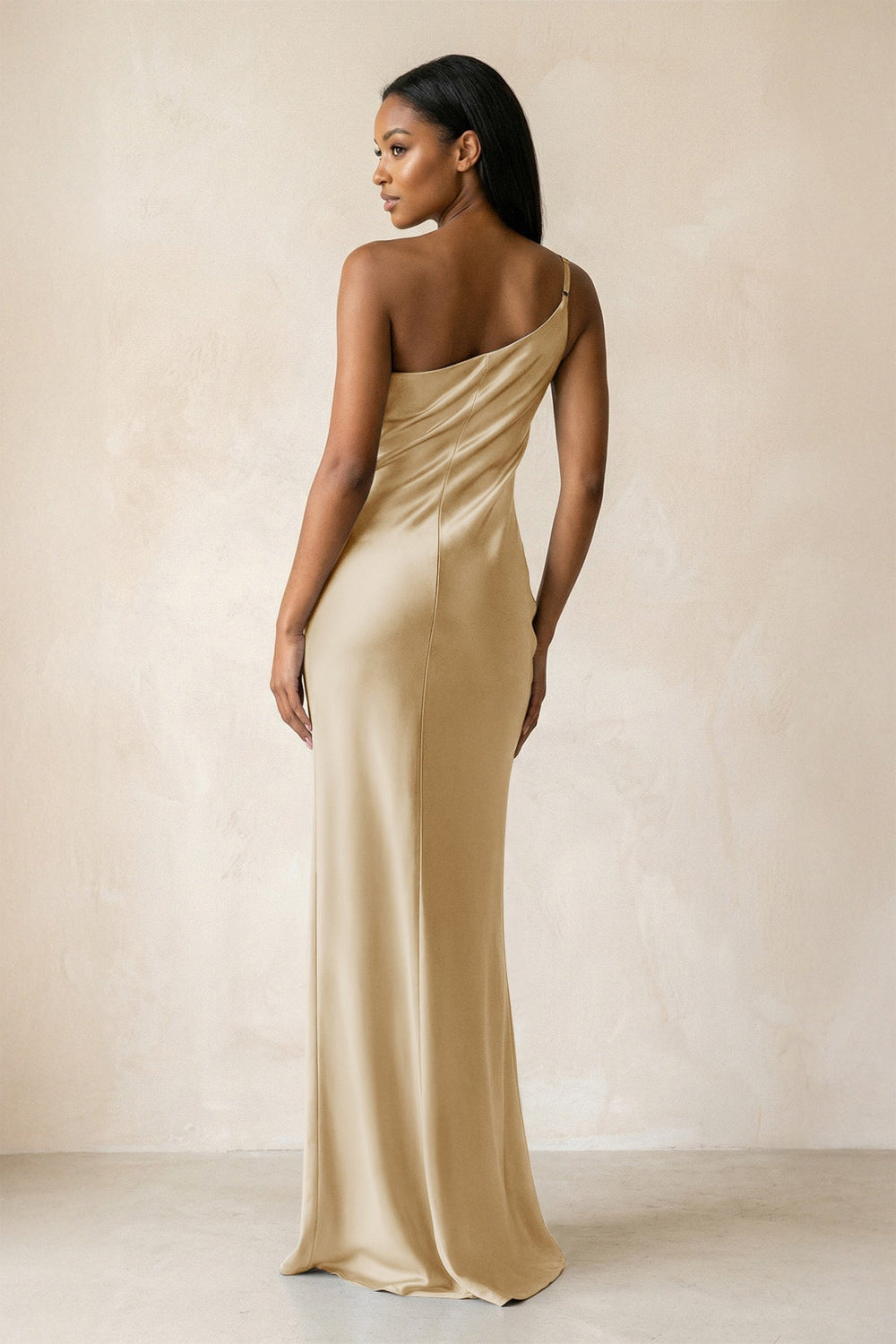 One - Shoulder Sheath Ruched Bridesmaid Dress in Champagne - KISS BRIDAL Bridesmaid Dresses