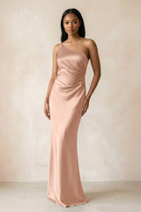 One - Shoulder Sheath Ruched Bridesmaid Dress in Champagne Rose - KISS BRIDAL Bridesmaid Dresses