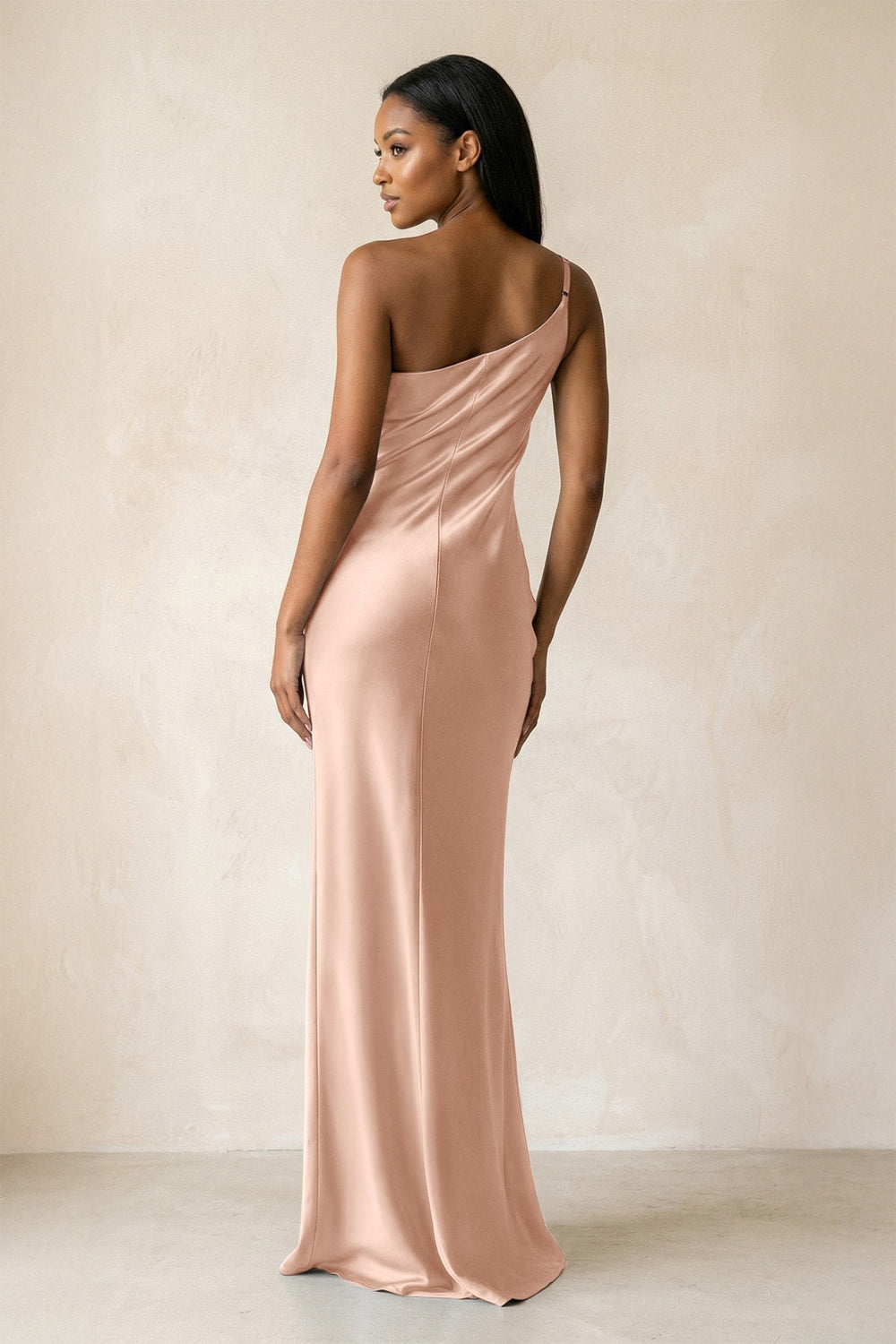 One - Shoulder Sheath Ruched Bridesmaid Dress in Champagne Rose - KISS BRIDAL Bridesmaid Dresses
