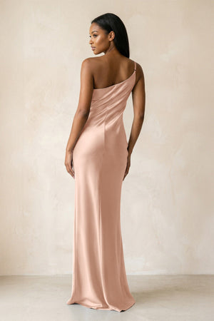 One - Shoulder Sheath Ruched Bridesmaid Dress in Champagne Rose - KISS BRIDAL Bridesmaid Dresses