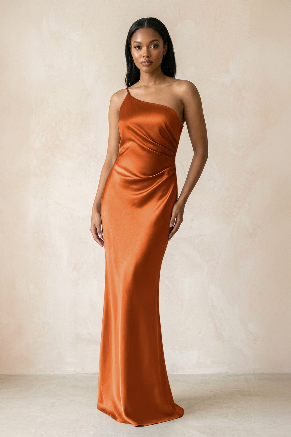 One - Shoulder Sheath Ruched Bridesmaid Dress in Cinnamon - KISS BRIDAL Bridesmaid Dresses
