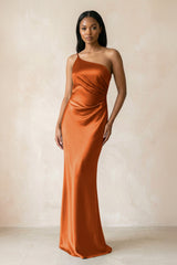 One - Shoulder Sheath Ruched Bridesmaid Dress in Cinnamon - KISS BRIDAL Bridesmaid Dresses