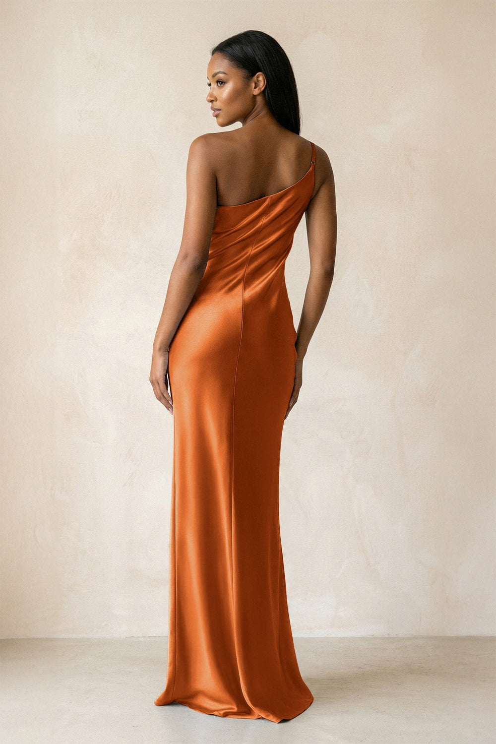 One - Shoulder Sheath Ruched Bridesmaid Dress in Cinnamon - KISS BRIDAL Bridesmaid Dresses