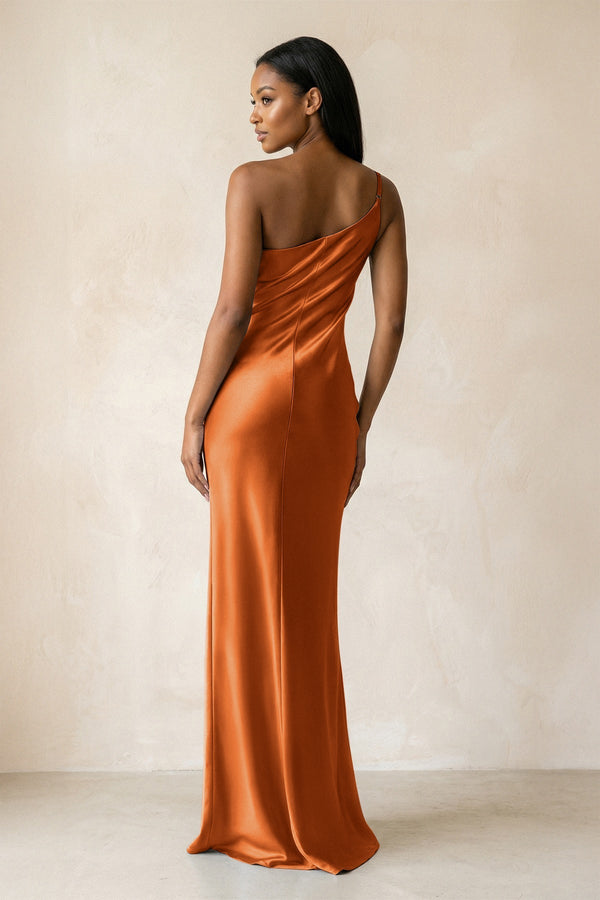 One - Shoulder Sheath Ruched Bridesmaid Dress in Cinnamon - KISS BRIDAL Bridesmaid Dresses