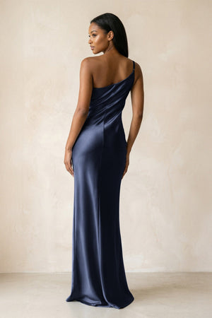 One - Shoulder Sheath Ruched Bridesmaid Dress in Dark Navy - KISS BRIDAL Bridesmaid Dresses