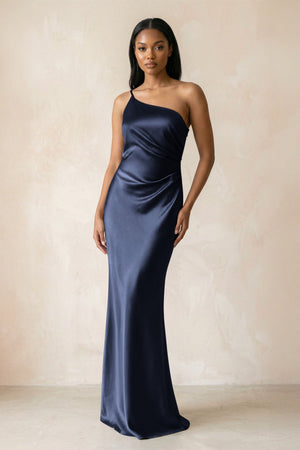 One - Shoulder Sheath Ruched Bridesmaid Dress in Dark Navy - KISS BRIDAL Bridesmaid Dresses