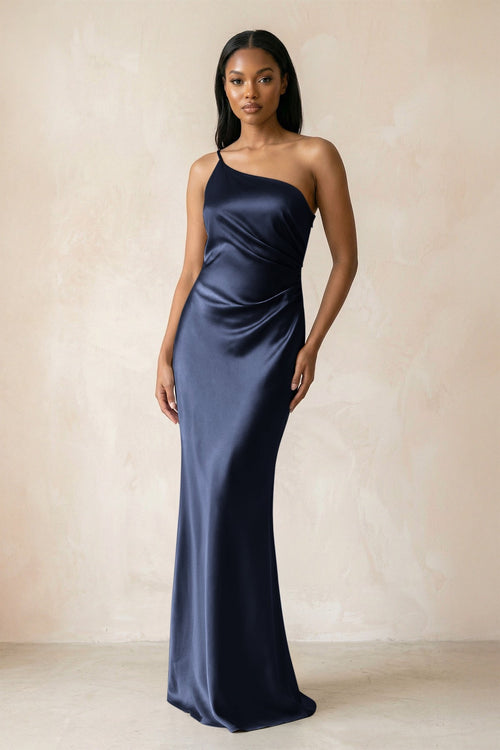 One - Shoulder Sheath Ruched Bridesmaid Dress in Dark Navy - KISS BRIDAL Bridesmaid Dresses