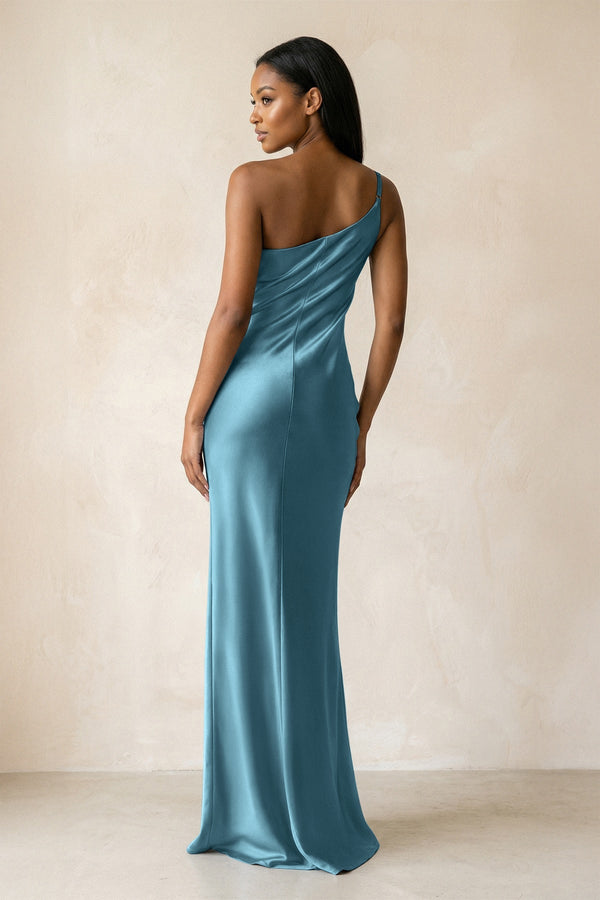 One - Shoulder Sheath Ruched Bridesmaid Dress in Dark Teal - KISS BRIDAL Bridesmaid Dresses