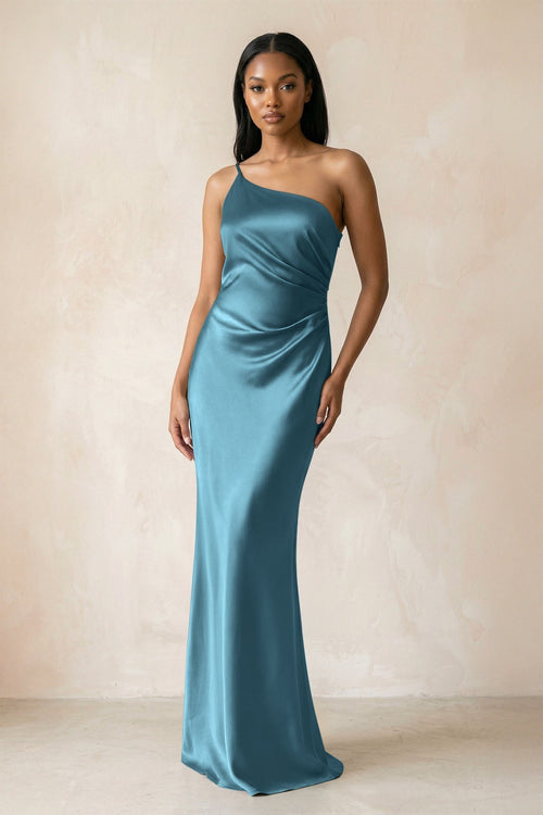 One - Shoulder Sheath Ruched Bridesmaid Dress in Dark Teal - KISS BRIDAL Bridesmaid Dresses