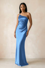 One - Shoulder Sheath Ruched Bridesmaid Dress in Dusty Blue - KISS BRIDAL Bridesmaid Dresses