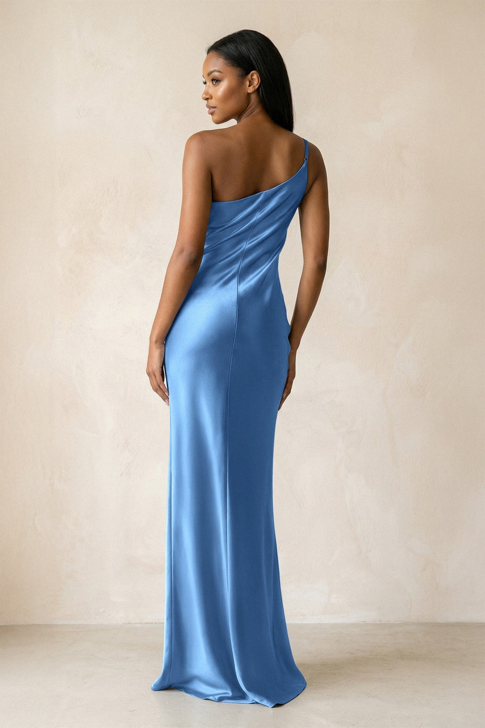 One - Shoulder Sheath Ruched Bridesmaid Dress in Dusty Blue - KISS BRIDAL Bridesmaid Dresses