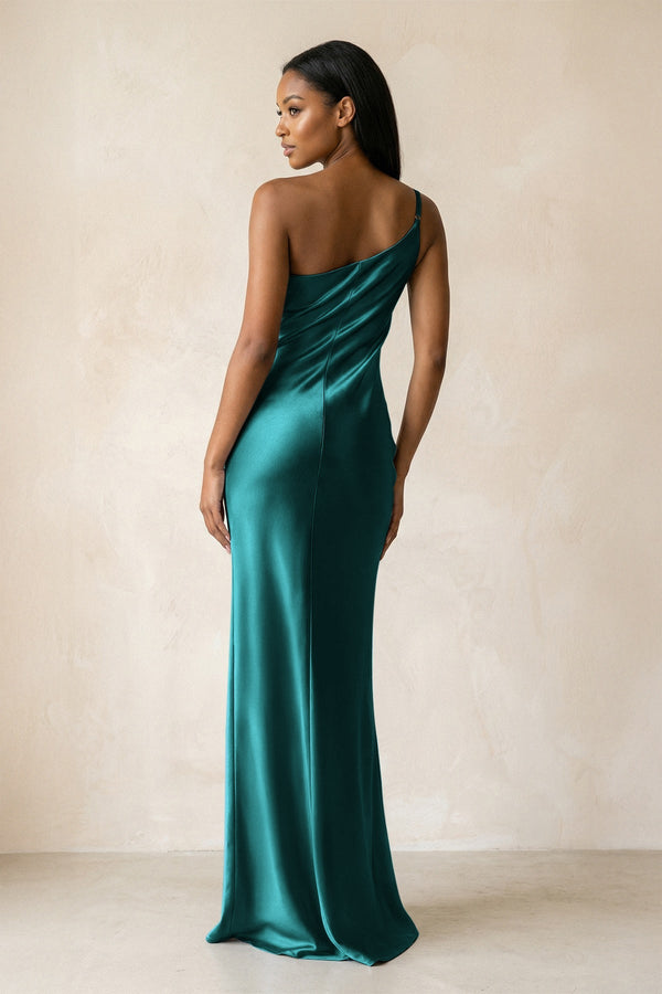 One - Shoulder Sheath Ruched Bridesmaid Dress in Emerald - KISS BRIDAL Bridesmaid Dresses