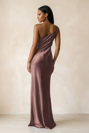 One - Shoulder Sheath Ruched Bridesmaid Dress in Espresso - KISS BRIDAL Bridesmaid Dresses