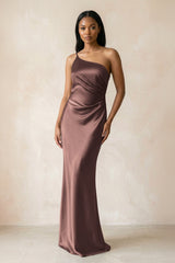One - Shoulder Sheath Ruched Bridesmaid Dress in Espresso - KISS BRIDAL Bridesmaid Dresses