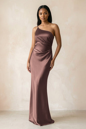 One - Shoulder Sheath Ruched Bridesmaid Dress in Espresso - KISS BRIDAL Bridesmaid Dresses