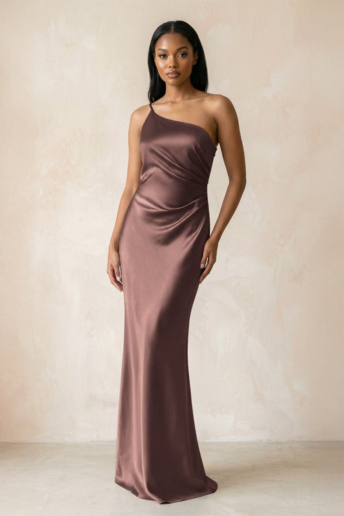 One - Shoulder Sheath Ruched Bridesmaid Dress in Espresso - KISS BRIDAL Bridesmaid Dresses