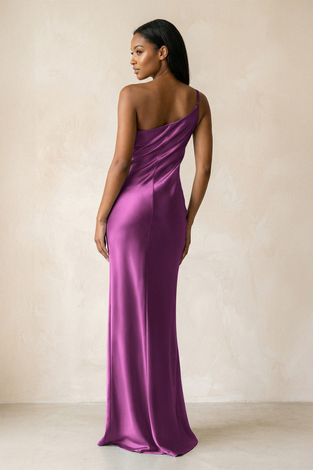 One - Shoulder Sheath Ruched Bridesmaid Dress in Fig - KISS BRIDAL Bridesmaid Dresses
