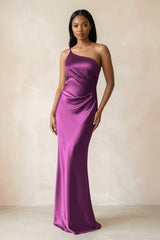 One - Shoulder Sheath Ruched Bridesmaid Dress in Fig - KISS BRIDAL Bridesmaid Dresses