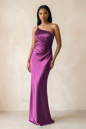 One - Shoulder Sheath Ruched Bridesmaid Dress in Fig - KISS BRIDAL Bridesmaid Dresses