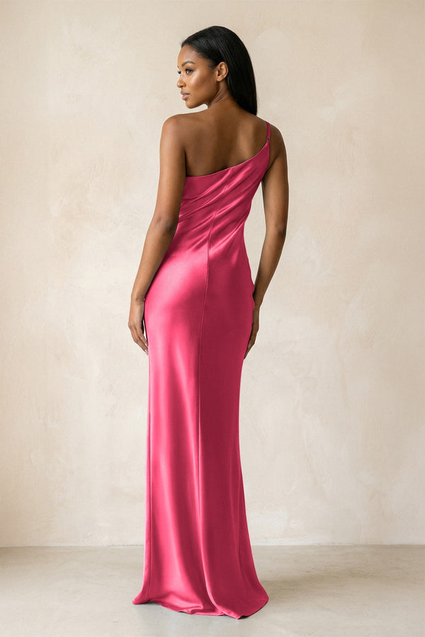 One - Shoulder Sheath Ruched Bridesmaid Dress in Fuchsia - KISS BRIDAL Bridesmaid Dresses