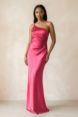 One - Shoulder Sheath Ruched Bridesmaid Dress in Fuchsia - KISS BRIDAL Bridesmaid Dresses