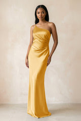 One - Shoulder Sheath Ruched Bridesmaid Dress in Gold - KISS BRIDAL Bridesmaid Dresses