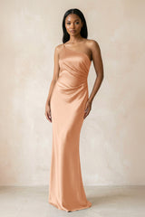 One - Shoulder Sheath Ruched Bridesmaid Dress in Golden Champagne - KISS BRIDAL Bridesmaid Dresses