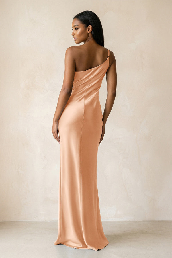 One - Shoulder Sheath Ruched Bridesmaid Dress in Golden Champagne - KISS BRIDAL Bridesmaid Dresses