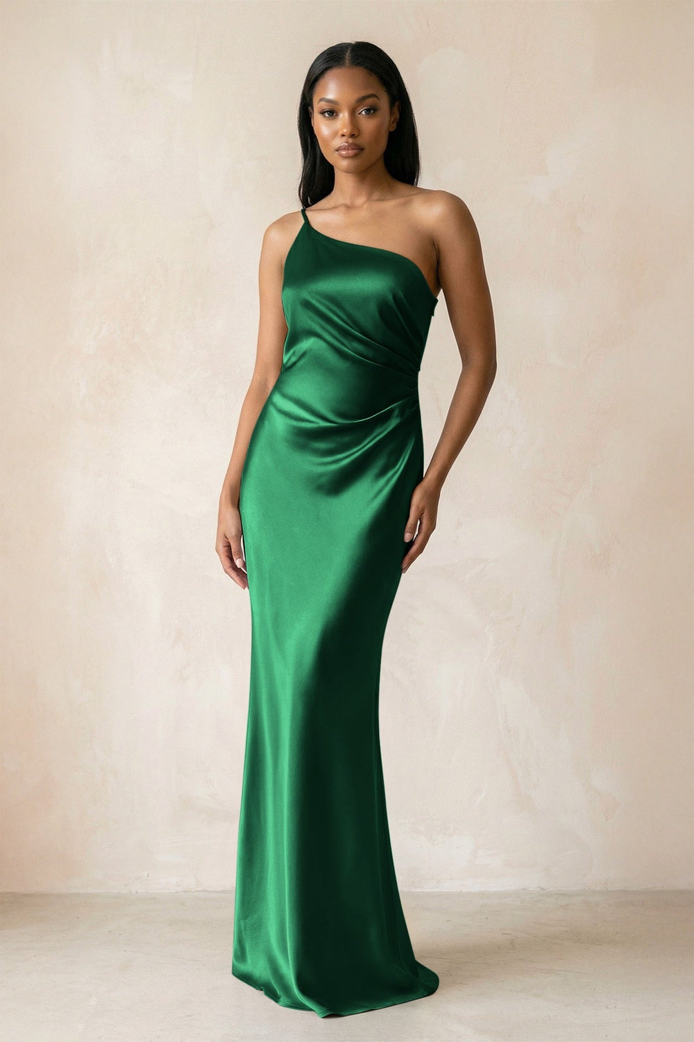 One - Shoulder Sheath Ruched Bridesmaid Dress in Green - KISS BRIDAL Bridesmaid Dresses