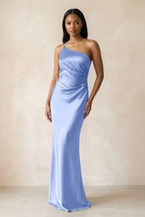 One - Shoulder Sheath Ruched Bridesmaid Dress in Ice - KISS BRIDAL Bridesmaid Dresses