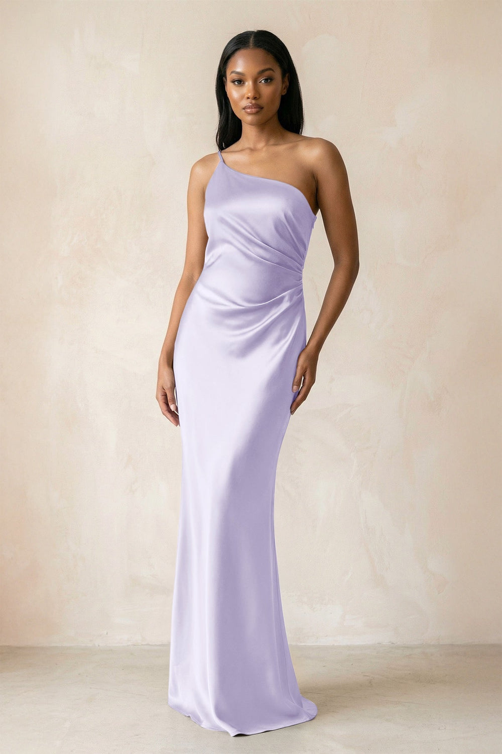 One - Shoulder Sheath Ruched Bridesmaid Dress in Lavender - KISS BRIDAL Bridesmaid Dresses