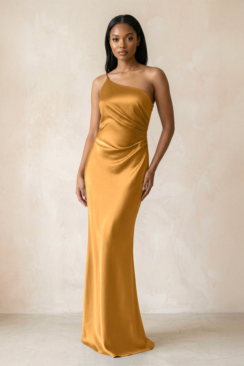 One-Shoulder Sheath Ruched Bridesmaid Dress in Marigold