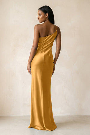 One - Shoulder Sheath Ruched Bridesmaid Dress in Marigold - KISS BRIDAL Bridesmaid Dresses