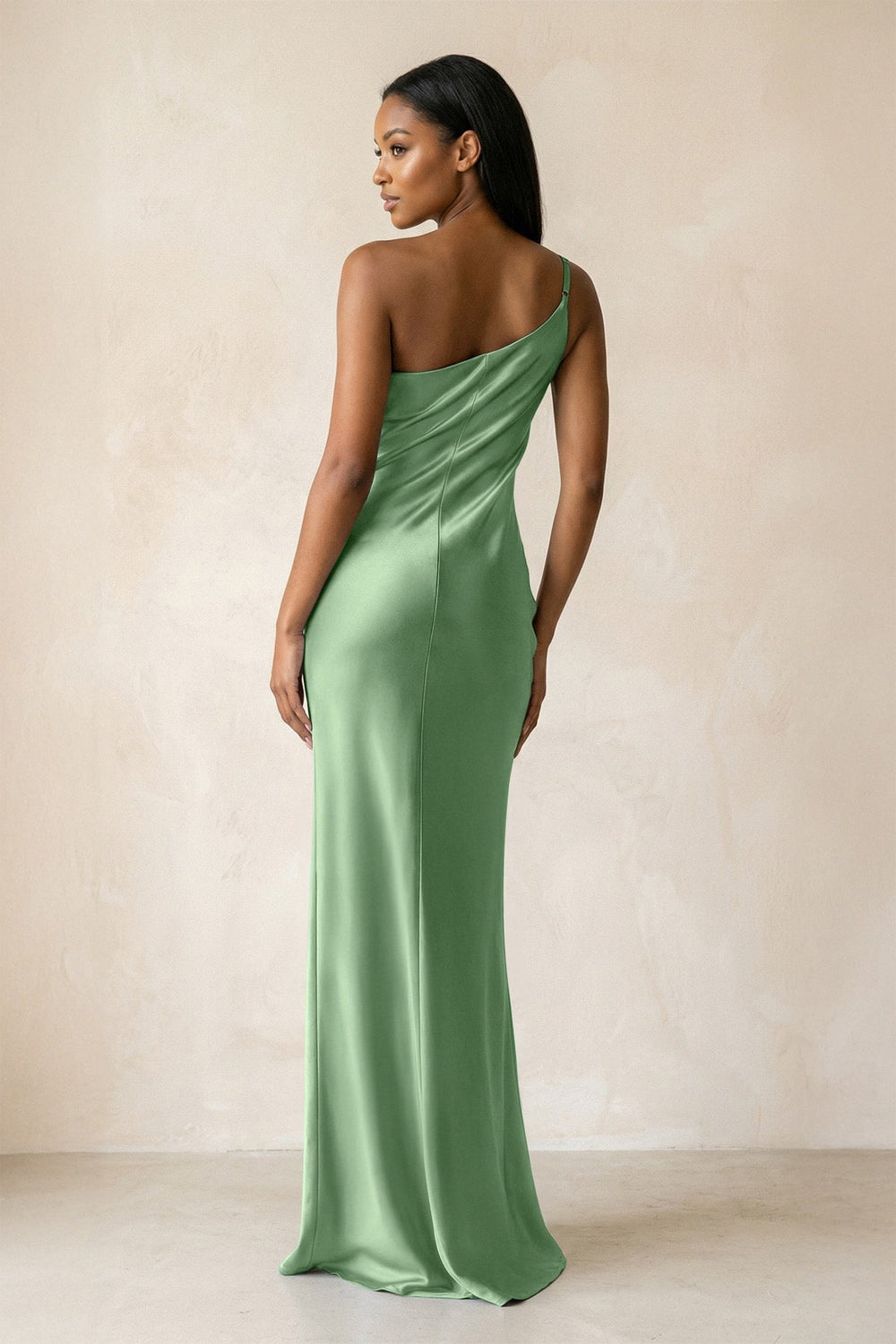 One - Shoulder Sheath Ruched Bridesmaid Dress in Matcha - KISS BRIDAL Bridesmaid Dresses