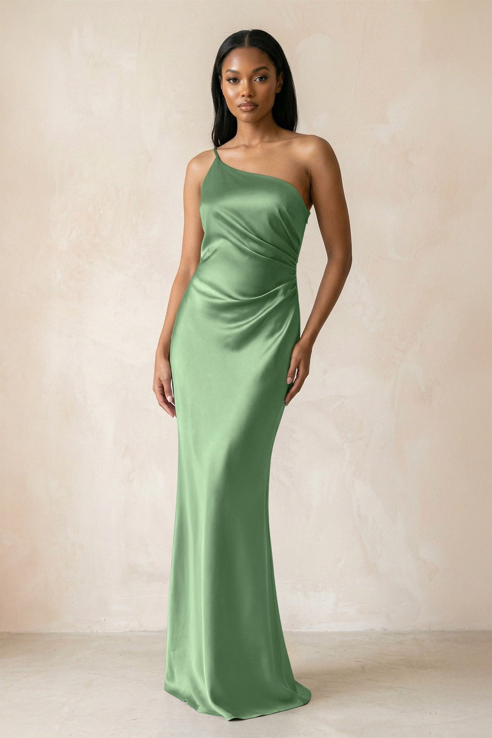 One - Shoulder Sheath Ruched Bridesmaid Dress in Matcha - KISS BRIDAL Bridesmaid Dresses