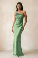 One - Shoulder Sheath Ruched Bridesmaid Dress in Matcha - KISS BRIDAL Bridesmaid Dresses