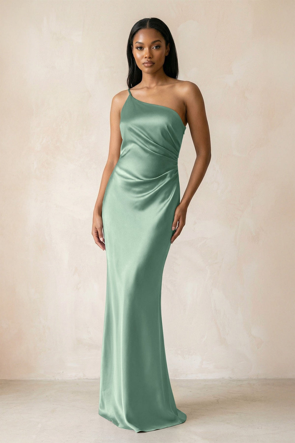One - Shoulder Sheath Ruched Bridesmaid Dress in Mint Green - KISS BRIDAL Bridesmaid Dresses