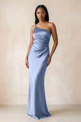 One - Shoulder Sheath Ruched Bridesmaid Dress in Mist - KISS BRIDAL Bridesmaid Dresses