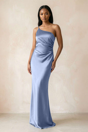 One - Shoulder Sheath Ruched Bridesmaid Dress in Mist - KISS BRIDAL Bridesmaid Dresses