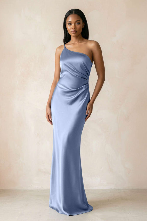 One - Shoulder Sheath Ruched Bridesmaid Dress in Mist - KISS BRIDAL Bridesmaid Dresses